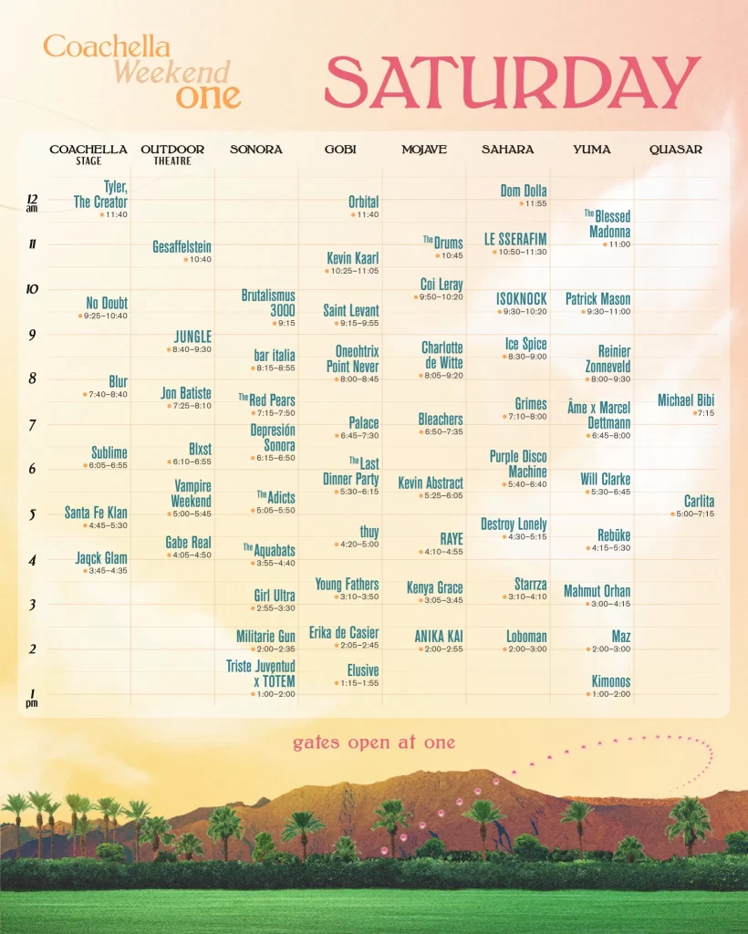 Coachella Saturday April 13th set times